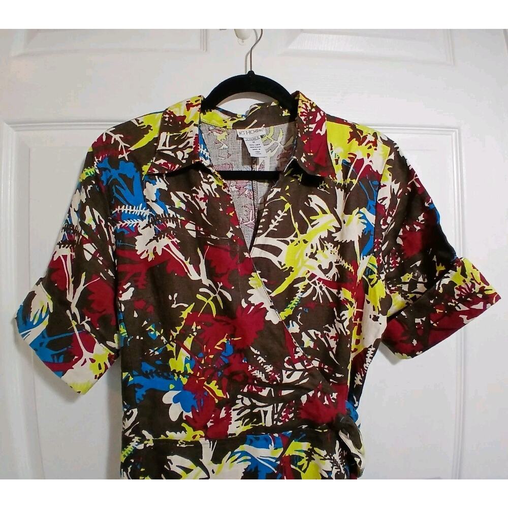 JG Hook Size 12 Linen Dress Faux Wrap Floral Fit And Flair Fall Colors Career